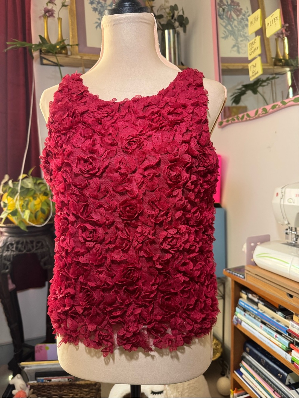 Anne Elyse Size 16 Burgundy 3D Floral Rosette Lace Tank Top Made USA